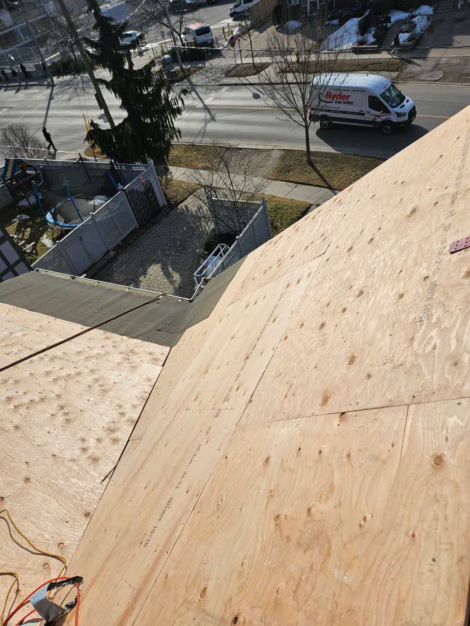Exposed roof deck and insulation during construction